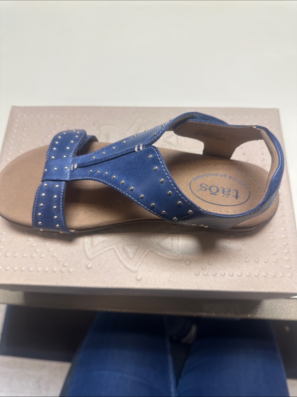 Taos Show Stopper Dark Blue Studded T-strap Slingback Sandals - Picture 7 of 9